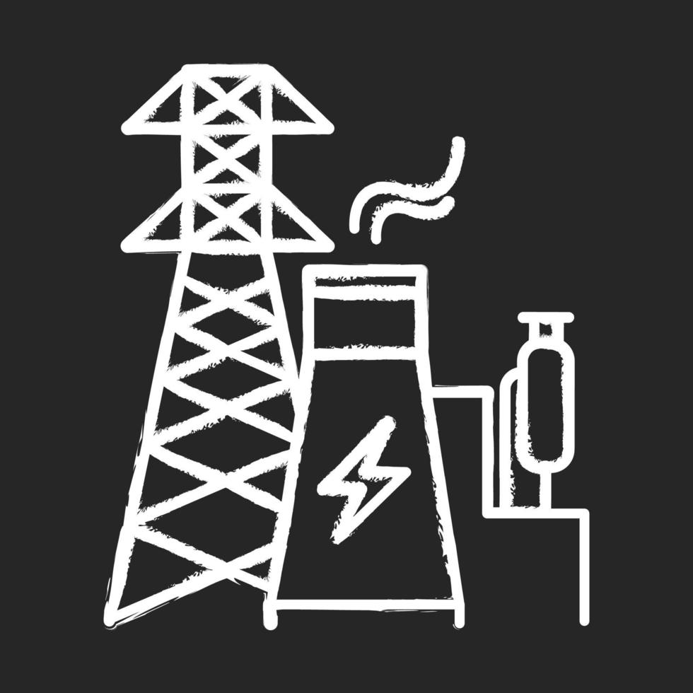 icône de craie de l'industrie de l'énergie. ingénierie électrique. production et transport d'électricité. secteur électrique. centrale nucléaire et tour à haute tension. illustration de tableau vectoriel isolé