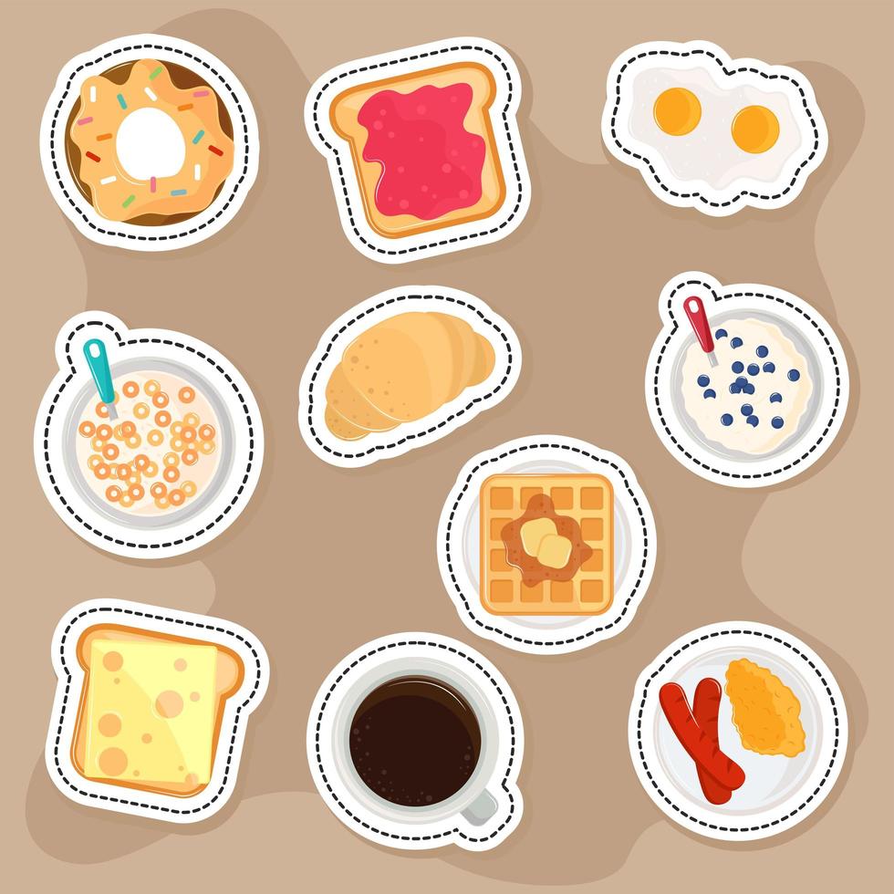 icônes d'autocollants de petit déjeuner vecteur