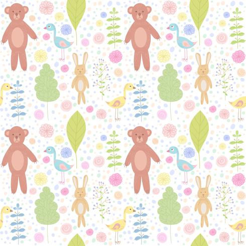 Modèle sans couture d&#39;animaux de forêt avec ours, lapin, oiseau et fleurs vecteur