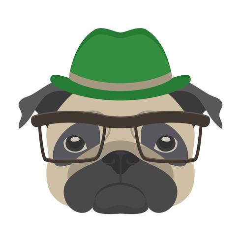 Portrait de chien Carlin avec des lunettes et un chapeau dans un style plat. Illustration vectorielle de chien Hipster pour cartes, impression de t-shirt, pancarte. vecteur