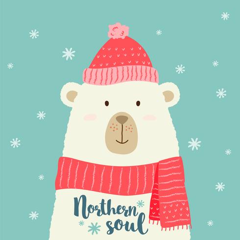 Illustration vectorielle de mignon dessin animé ours en bonnet chaud et écharpe avec manuscrite saluant des phrases de Noël pour affiches, impressions de t-shirt, cartes de voeux. vecteur