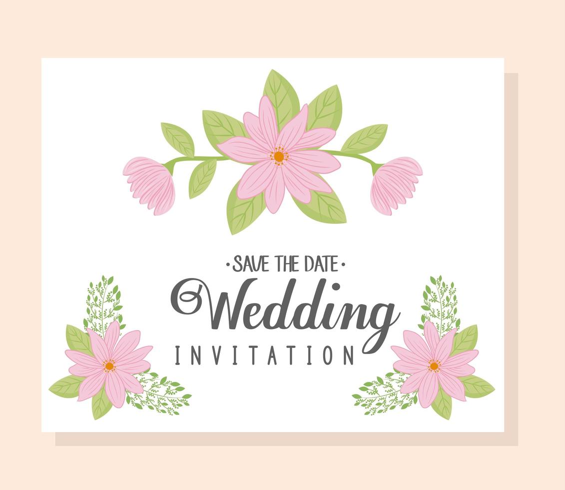 invitation de mariage avec des fleurs roses et des feuilles vector design