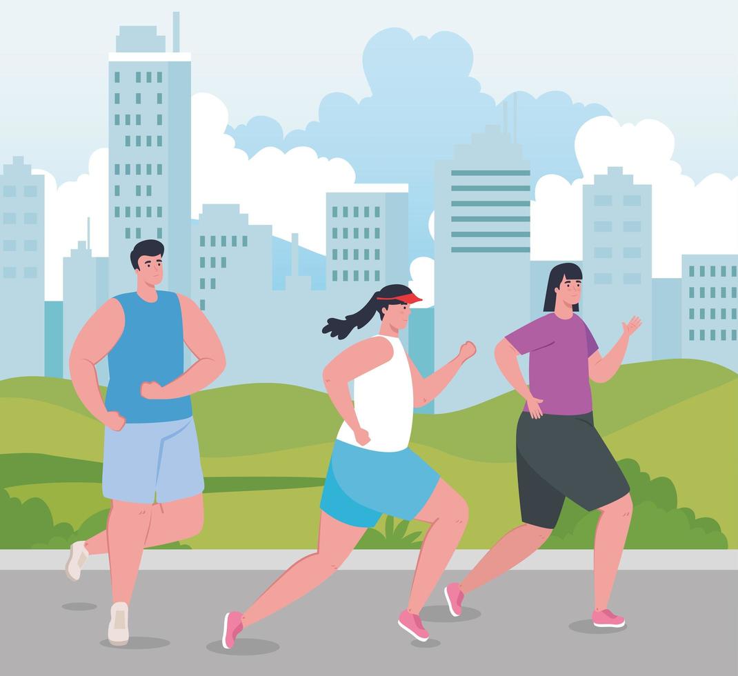 les gens courent en plein air, les jeunes en vêtements de sport font du jogging dans le parc vecteur