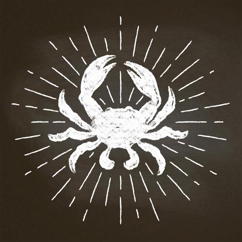 Silhoutte de craie de crabe avec des rayons de soleil sur tableau noir. Bon pour la conception de menu de restaurant de fruits de mer, la décoration, les logotypes ou les affiches. vecteur