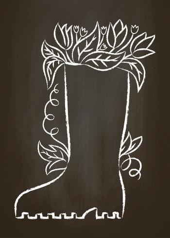 Contour de craie de botte en caoutchouc avec des feuilles et des fleurs à bord de la craie. Affiche de jardinage de typographie. vecteur
