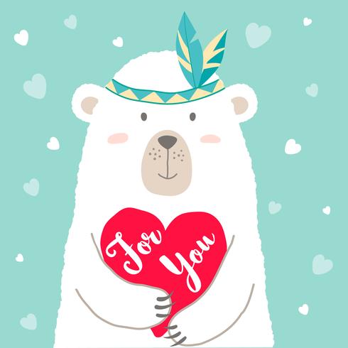 Illustration vectorielle d&#39;ours mignon dessin animé tenant coeur et lettrage écrit à la main pour vous pour la carte de la Saint-Valentin, affiches, impressions de t-shirt, cartes de voeux Voeux Saint Valentin. vecteur