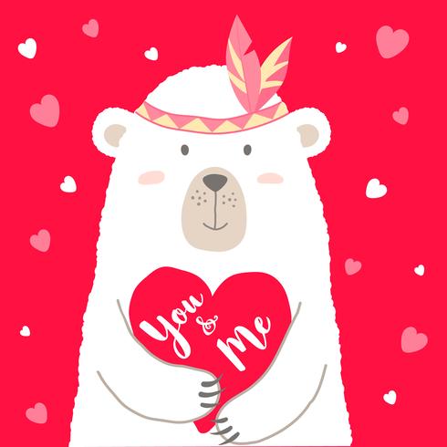 Illustration vectorielle d&#39;ours mignon dessin animé tenant coeur et main écrit lettres vous et moi pour la carte de la Saint-Valentin, affiches, impressions de t-shirt, cartes de voeux Voeux Saint Valentin. vecteur