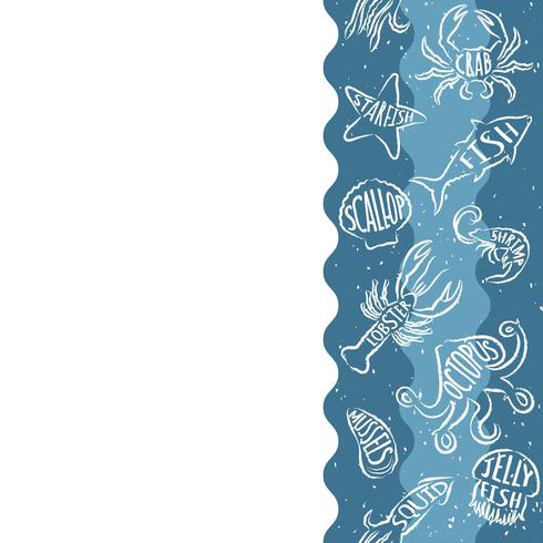 Répétition verticale avec les produits de la mer. Bannière transparente de fruits de mer avec des animaux de contour sous-marins. Conception de carreaux pour menu de restaurant, industrie de l&#39;alimentation de poisson ou magasin du marché. vecteur