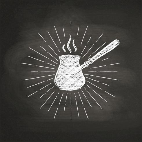 Silhouette de pot de café texturé craie avec rayons de soleil vintage sur tableau noir. Vector illustration de pot de café pour le thème de menu ou de café de boisson et boisson, affiche, impression de t-shirt, logo