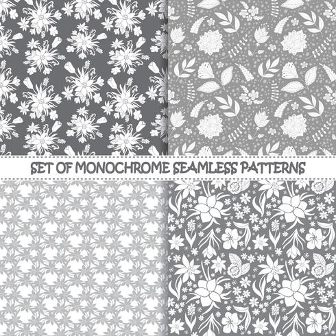 Ensemble de modèles vectoriels monochromes sans soudure. Modèles floraux. Modèles vectoriels sans soudure monochromes. Arrière-plans monochromes de vecteur. Ensemble d&#39;ornements textiles sans soudure vectoriel floral. Répéter JPG floral.