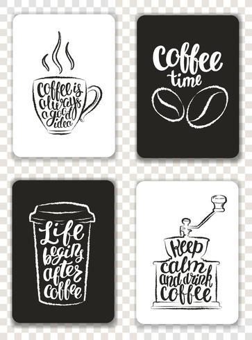 Jeu de cartes modernes avec des éléments de café et lettrage. Modèles branchés hipster pour flyers, invitations, conception de menus. Contours grunge noir et blanc. Illustration vectorielle de calligraphie moderne. vecteur