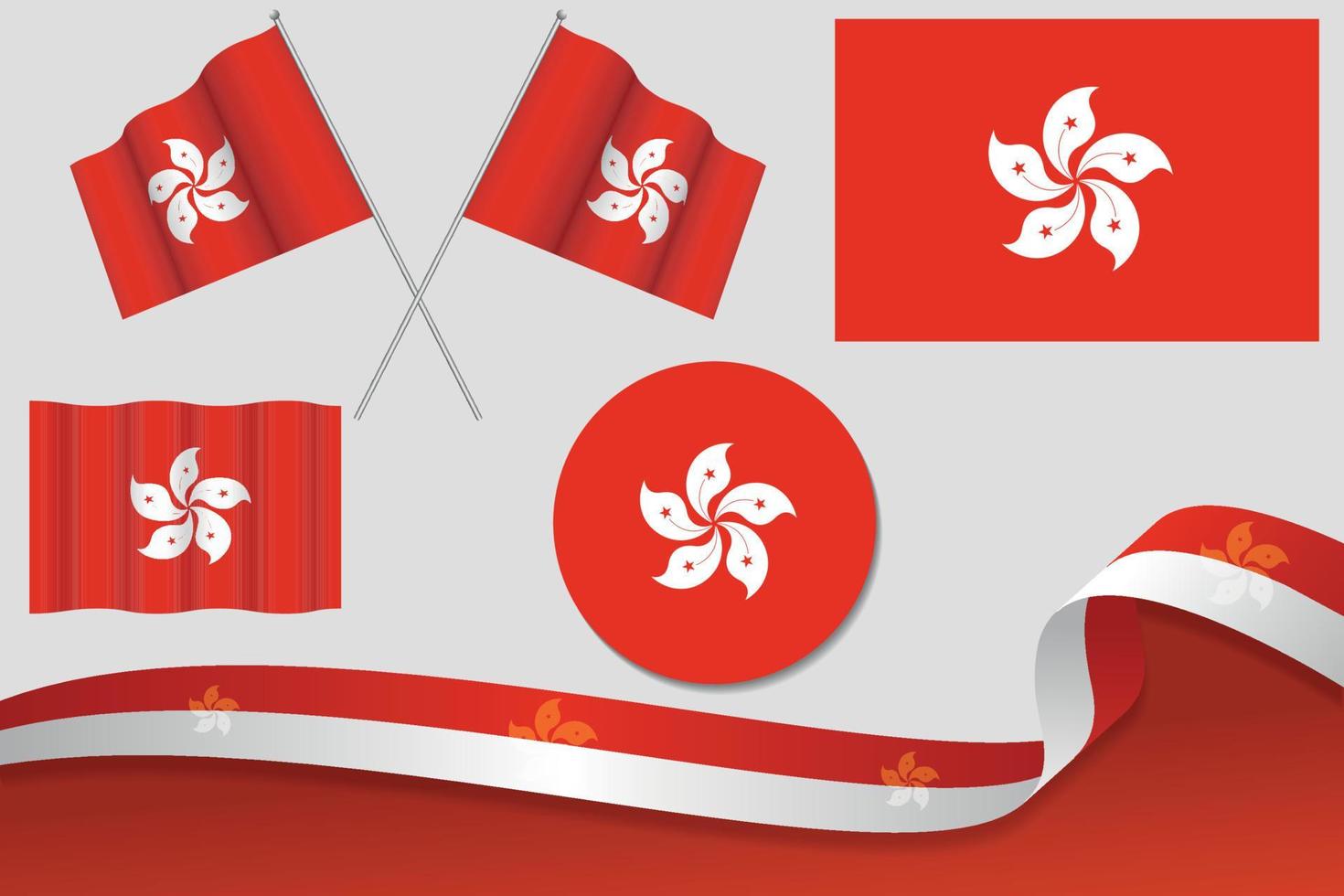 ensemble de drapeaux de hong kong dans différents modèles, icône, drapeaux écorchés avec ruban avec arrière-plan. vecteur libre