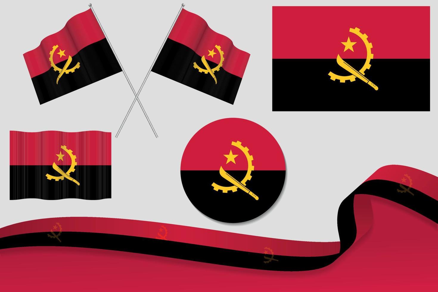 ensemble de drapeaux angola dans différents modèles, icône, drapeaux écorchés avec ruban avec arrière-plan. vecteur libre