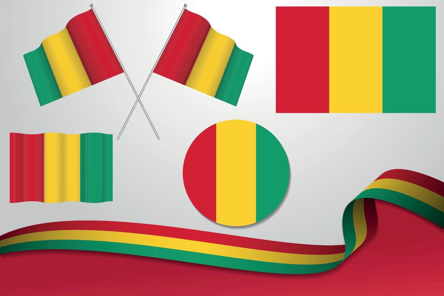 ensemble de drapeaux de guinée dans différents modèles, icône, drapeaux écorchés avec ruban avec arrière-plan. vecteur libre