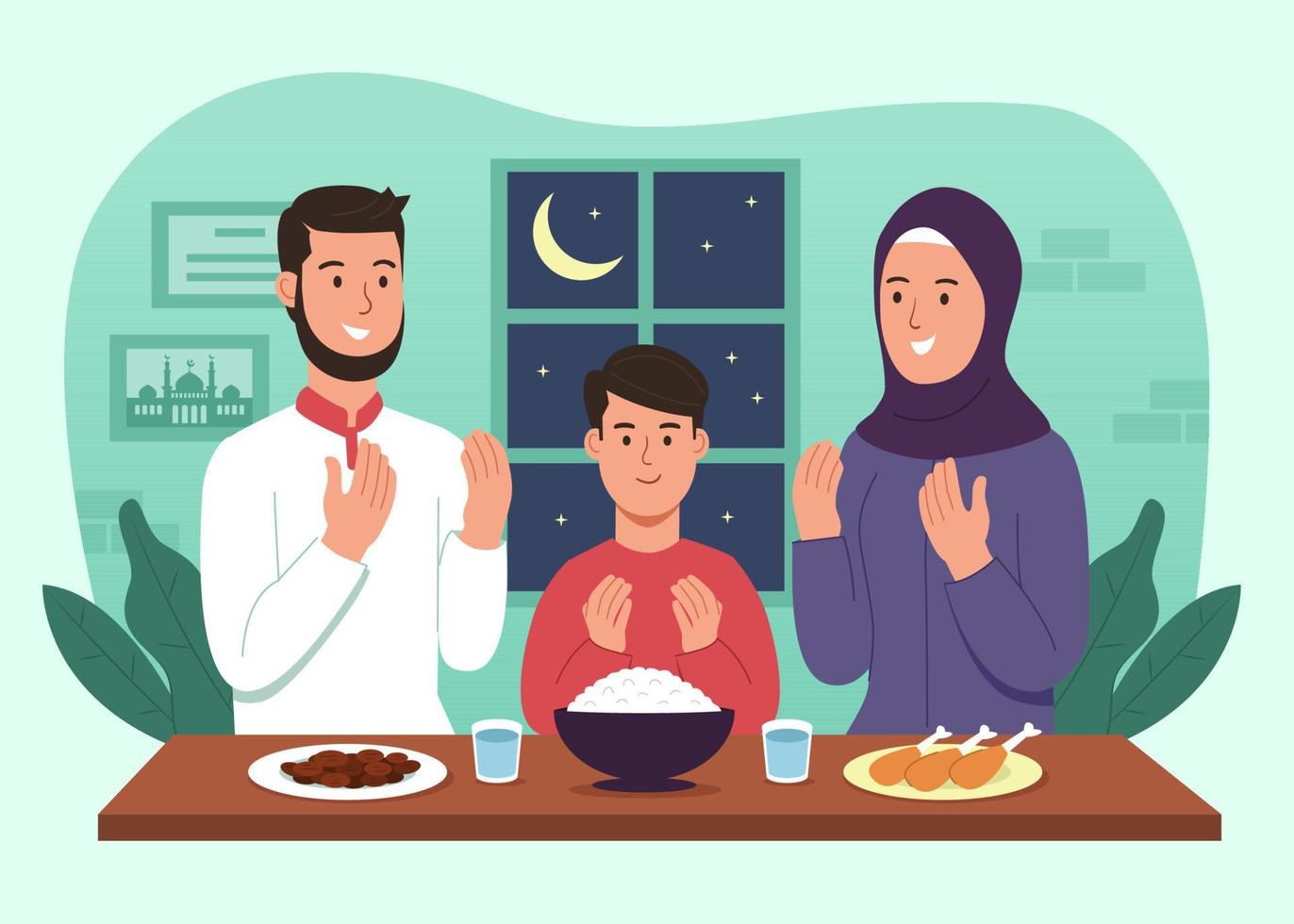 famille priant avant le dîner de l'iftar pendant le ramadan vecteur