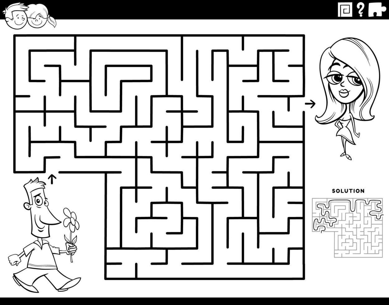 labyrinthe avec l'homme de la bande dessinée et sa petite amie page de livre de coloriage vecteur