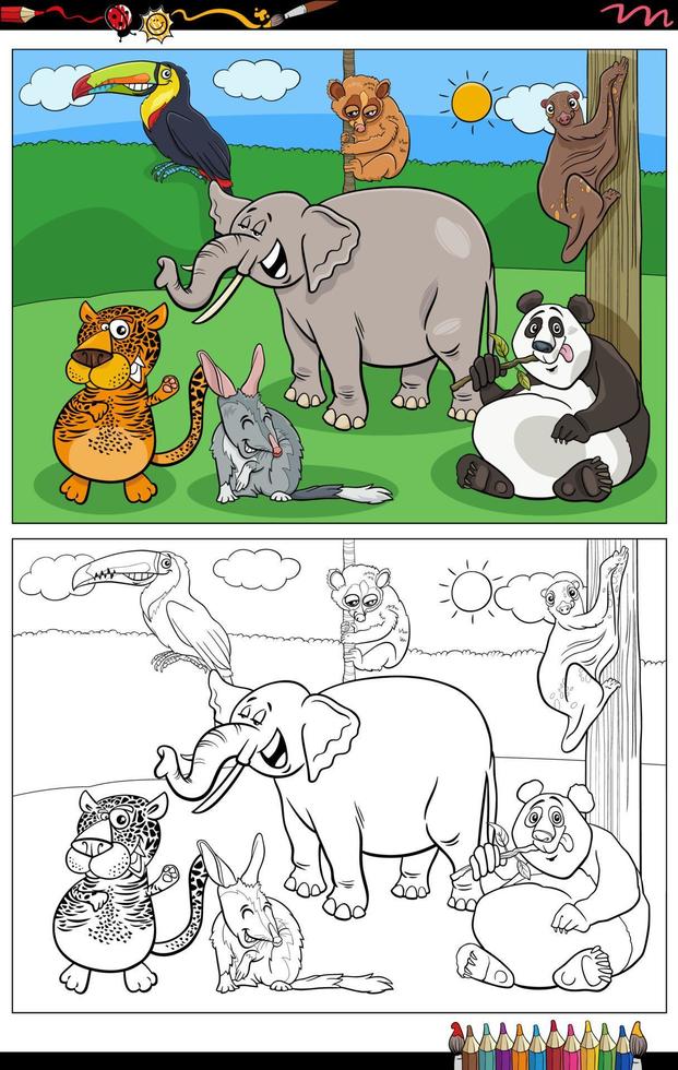 animaux de dessin animé groupe de personnages de bandes dessinées page de livre de coloriage vecteur