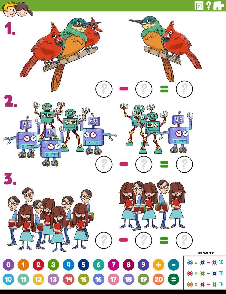 tâche éducative de soustraction avec des personnages de dessins animés vecteur