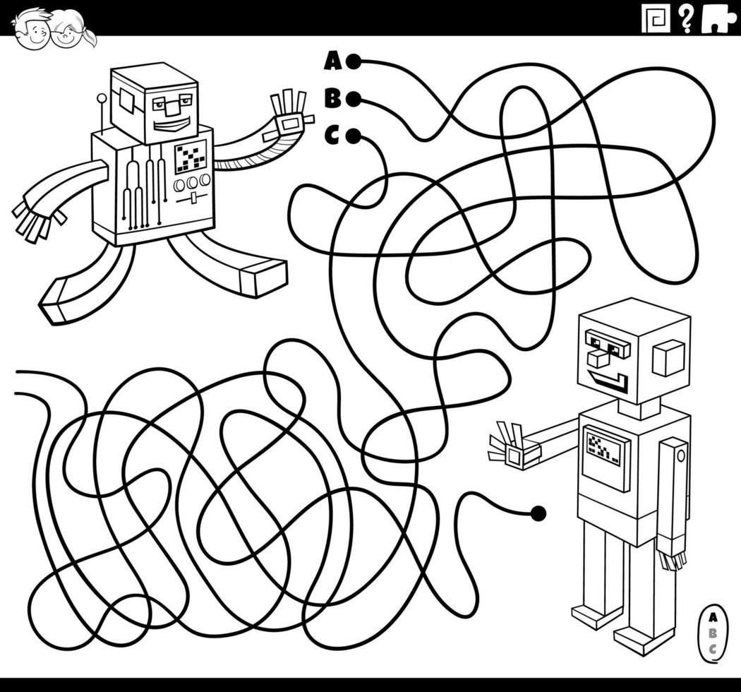 jeu de labyrinthe avec des personnages de robots de dessin animé page de livre de coloriage vecteur