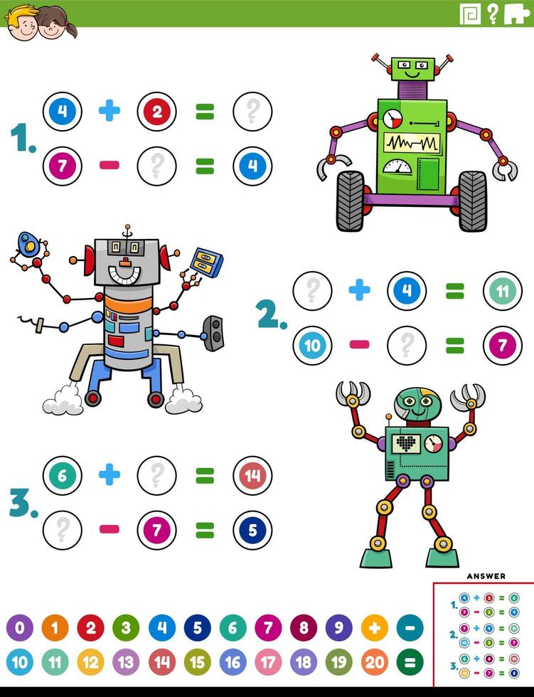 tâche d'addition et de soustraction mathématique avec des robots de dessin animé vecteur