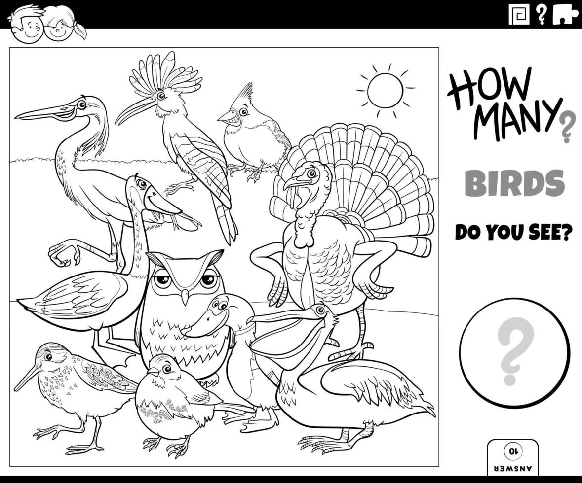 comptage des oiseaux de dessin animé jeu éducatif page de livre de coloriage vecteur