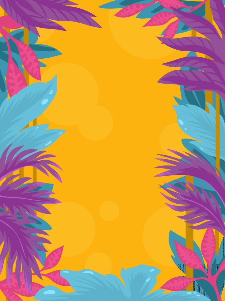 modèle d'affiche, vertical. illustration vectorielle de cadre coloré botanique floral. branches et feuilles d'arbres de style dessin animé. tropicale, jungle. affiche pour les enfants. vecteur