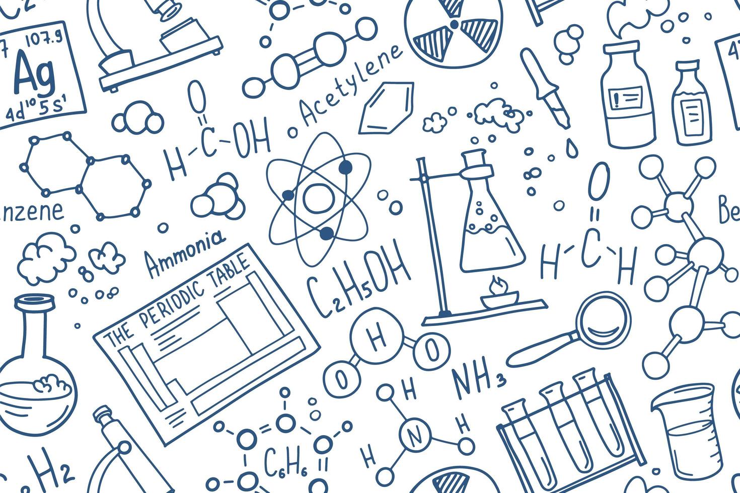 jeu d'icônes de symboles de chimie. conception de doodle de sujet scientifique. concept d'éducation et d'étude. retour à l'arrière-plan fragmentaire de l'école pour cahier, pas de bloc-notes, carnet de croquis. vecteur