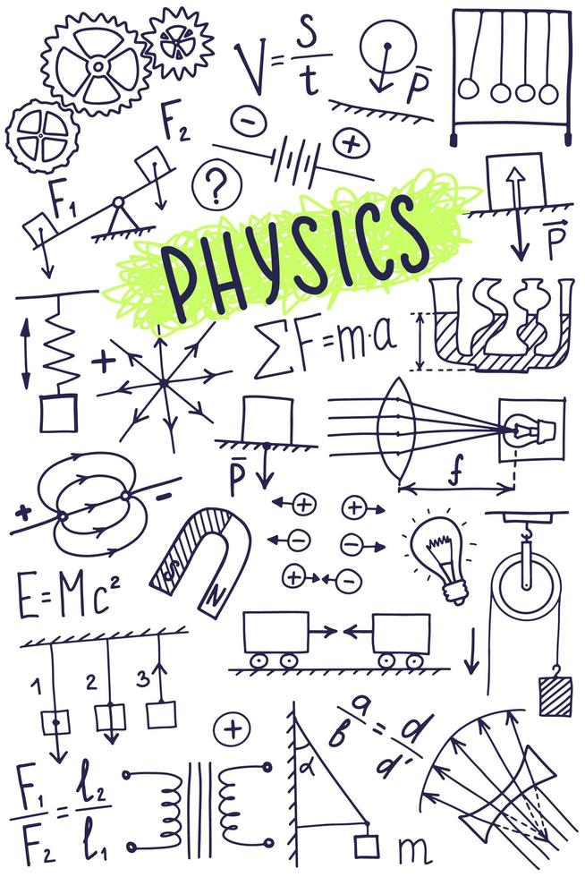 jeu d'icônes de symboles physiques. conception de doodle de sujet scientifique. concept d'éducation et d'étude. retour à l'arrière-plan fragmentaire de l'école pour cahier, pas de bloc-notes, carnet de croquis. vecteur