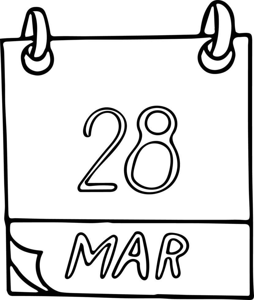 calendrier dessiné à la main dans un style doodle. 28 mars. heure de la terre, date. icône, élément autocollant pour la conception vecteur