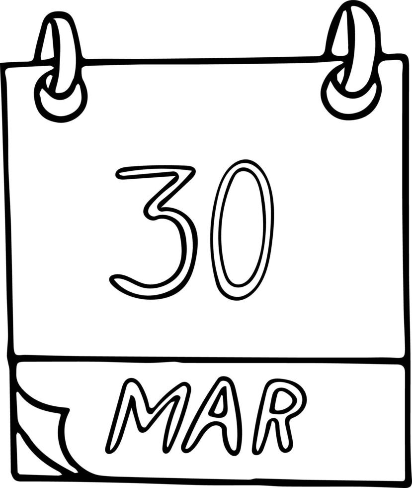 calendrier dessiné à la main dans un style doodle. 30 mars. journée nationale des médecins, date. icône, élément autocollant pour la conception vecteur