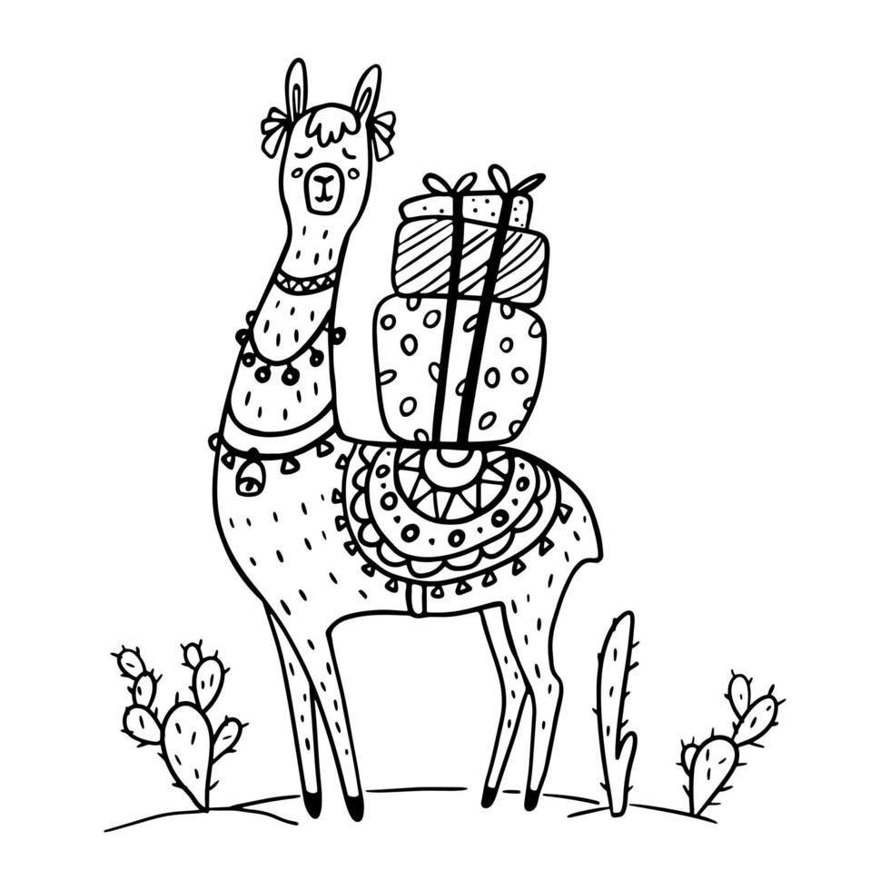 lama dessiné à la main avec des boîtes présentes sur son illustration vectorielle de contour arrière. image stylisée d'un paysage avec des cactus. pour livre de coloriage, t-shirt design, impression, carte de voeux vecteur