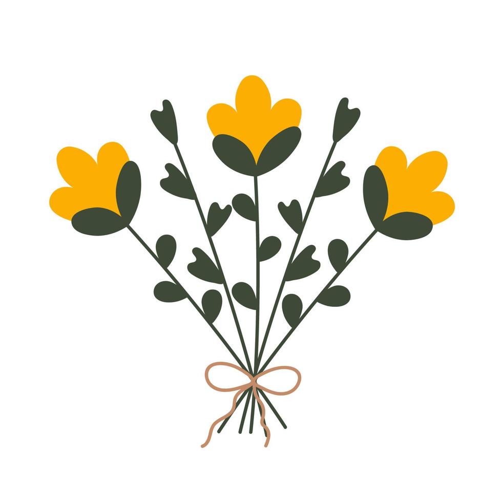 style scandinave dessiné à la main. illustration vectorielle mignonne de bouquet de fleurs de jardin jaunes. pour les boutiques fleuristes, pour la carte de voeux, décoration du 8 mars, pâques, cadeaux de mariage, invitation logo. vecteur