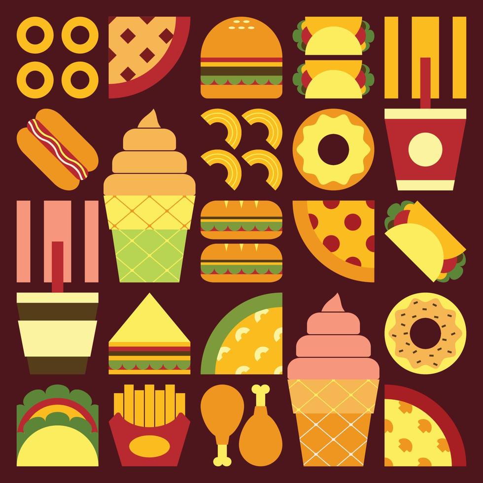 affiche d'illustration de symbole de restauration rapide géométrique minimaliste plat avec des formes simples colorées. conception abstraite de modèle vectoriel de malbouffe et de boisson. hamburgers, pizzas, frites, sodas, café et glaces.