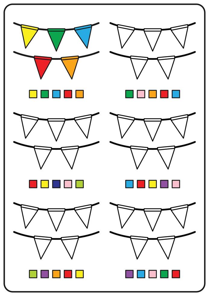 pages à colorier pédagogiques, jeux éducatifs pour enfants, feuilles de travail d'activités préscolaires. illustration vectorielle de dessin animé simple d'objets colorés pour apprendre les couleurs. coloriage de petits drapeaux décoratifs. vecteur