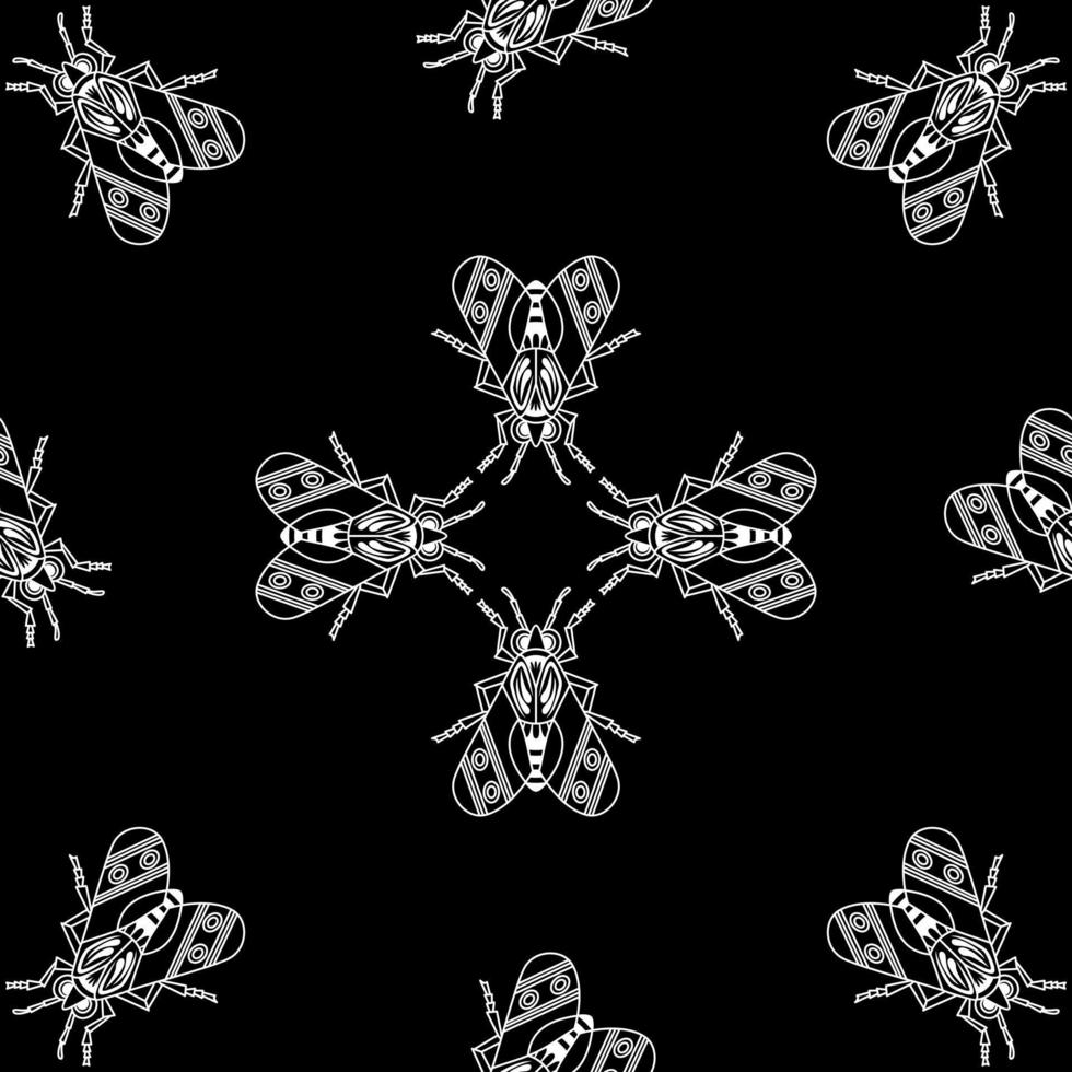 illustration ensemble d'insectes mignons dessin au trait blanc, motif vectoriel sans couture sur fond noir