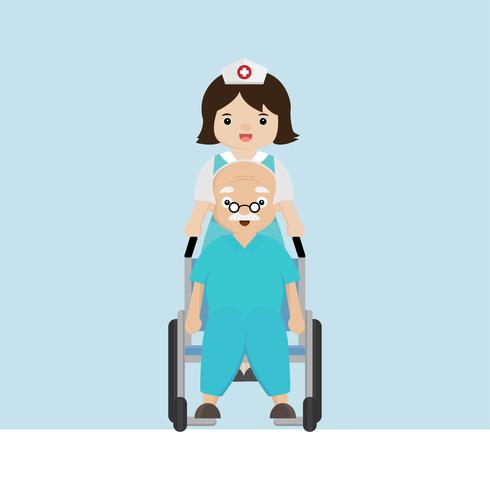 Infirmière se promenant avec un patient âgé en fauteuil roulant. vecteur