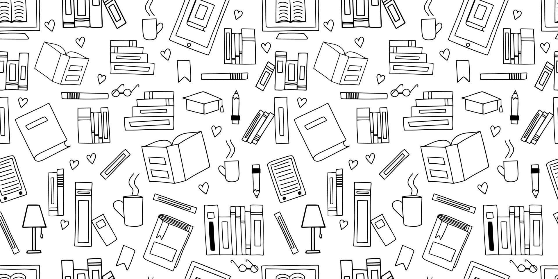 modèle sans couture de vecteur. doodle de nombreuses icônes de livres dispersés en arrière-plan pour le concept d'école d'apprentissage en ligne de l'éducation. pile de livres papier, livre ouvert, livre sur écran d'ordinateur, ebooks, lunettes, coeur vecteur