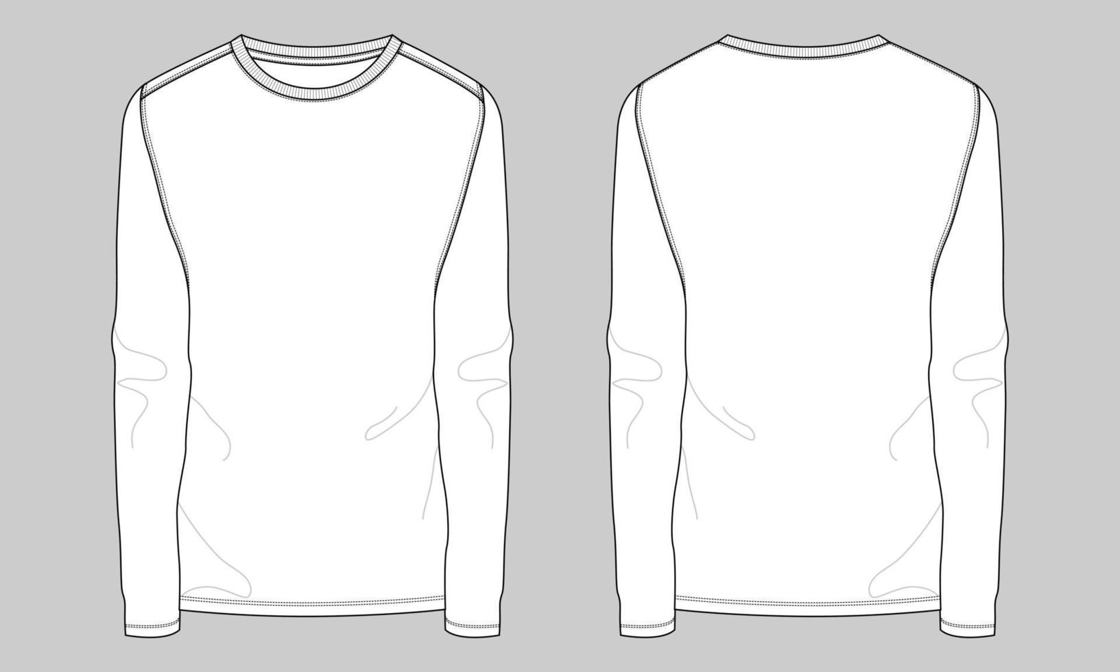 modèle de vecteur de croquis plat de mode technique de t-shirt basique coupe slim à manches longues. maquette de conception de vêtements en jersey de coton devant, vues arrière isolées sur fond gris. hommes unisexe cad.