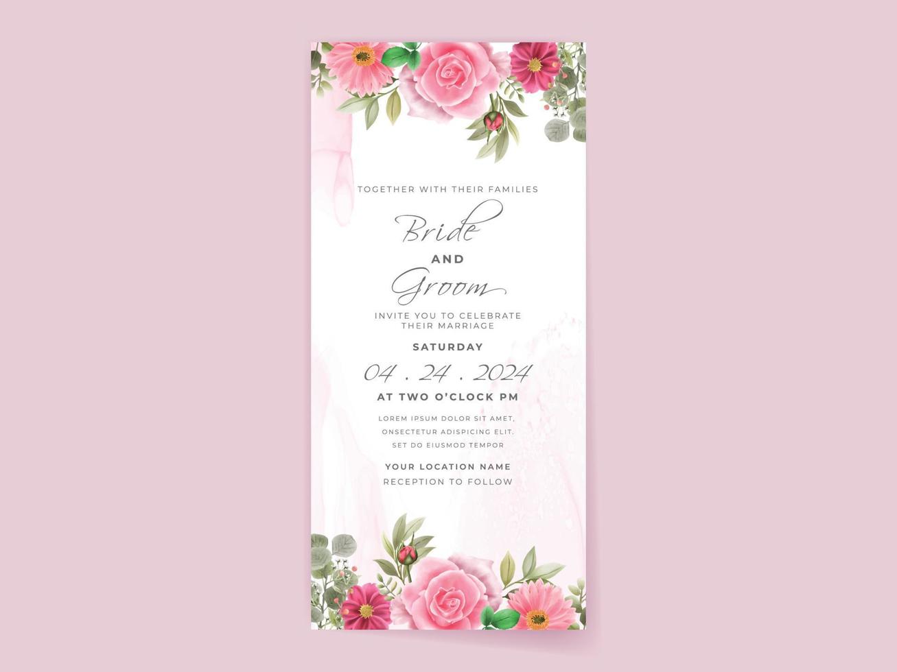 carte d'invitation de mariage avec un beau design de fleurs roses vecteur