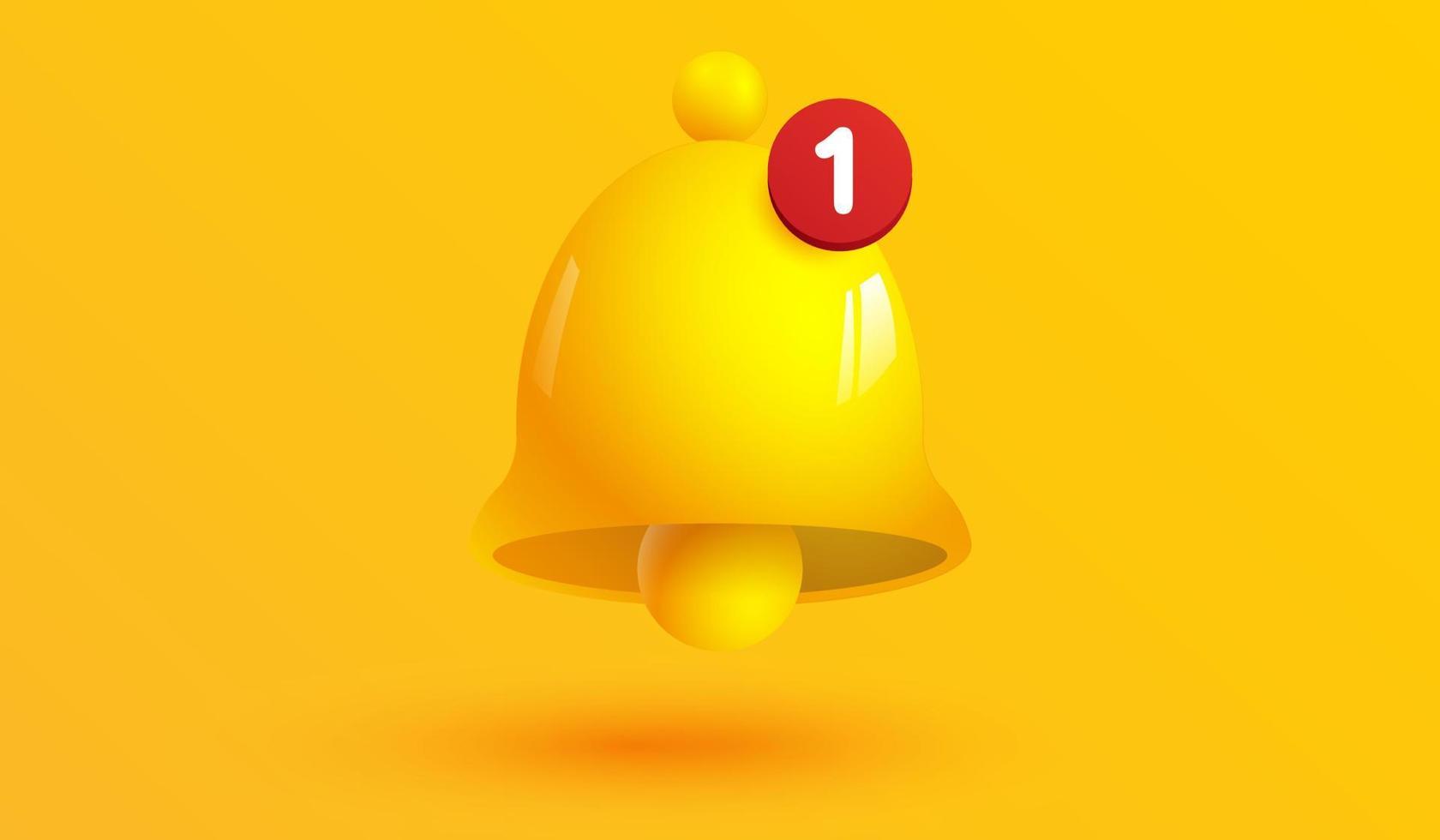 icône de symbole d'alarme de numéro de notification isolée sur fond jaune. signe de cloche jaune avec nouvel abonné pour le rappel des médias sociaux. illustration vectorielle 3d vecteur