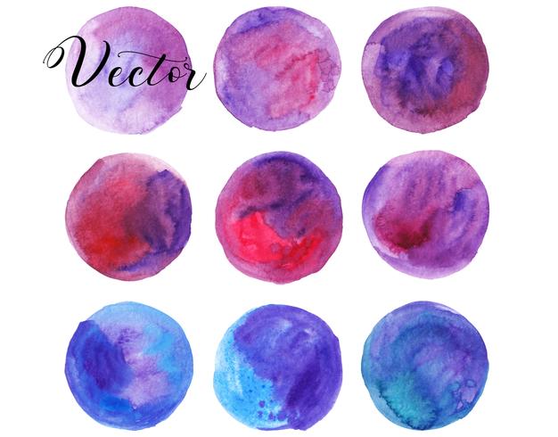 Ensemble de tache d&#39;aquarelle. Des taches sur un fond blanc. Texture aquarelle avec des coups de pinceau. Cercle. Bourgogne, rose, bleu, turquoise, violet. Isolé. Vecteur. vecteur