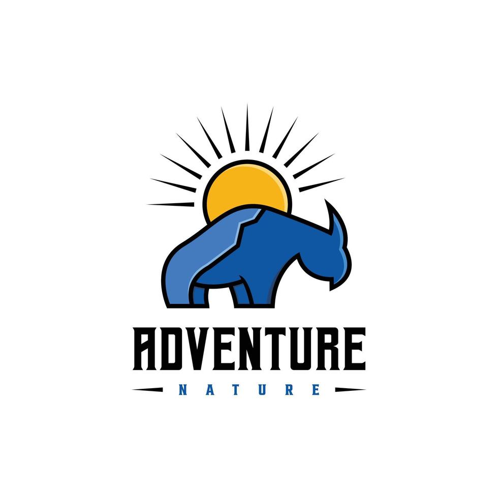 inspiration de conception de logo de rhinocéros avec des cornes et des montagnes. grand rhinocéros à cornes avec vue sur la montagne. avec un style rustique minimaliste et vintage vecteur