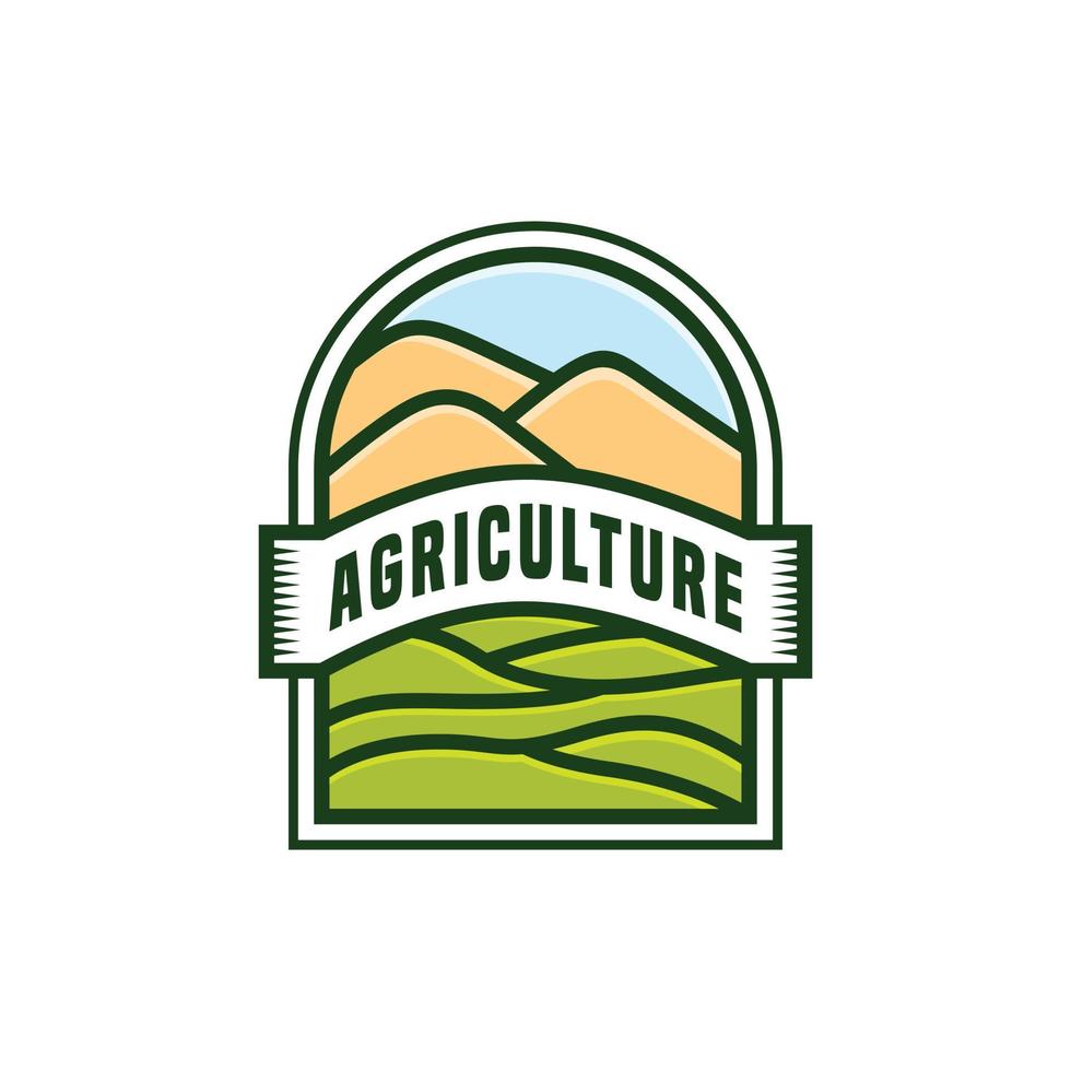 création de logo agricole. les jardins des agriculteurs sont luxuriants et verts. les agriculteurs cultivent des cultures, l'utilisation des ressources naturelles. logo de style classique insigne de hipster rétro occidental rustique vintage vecteur