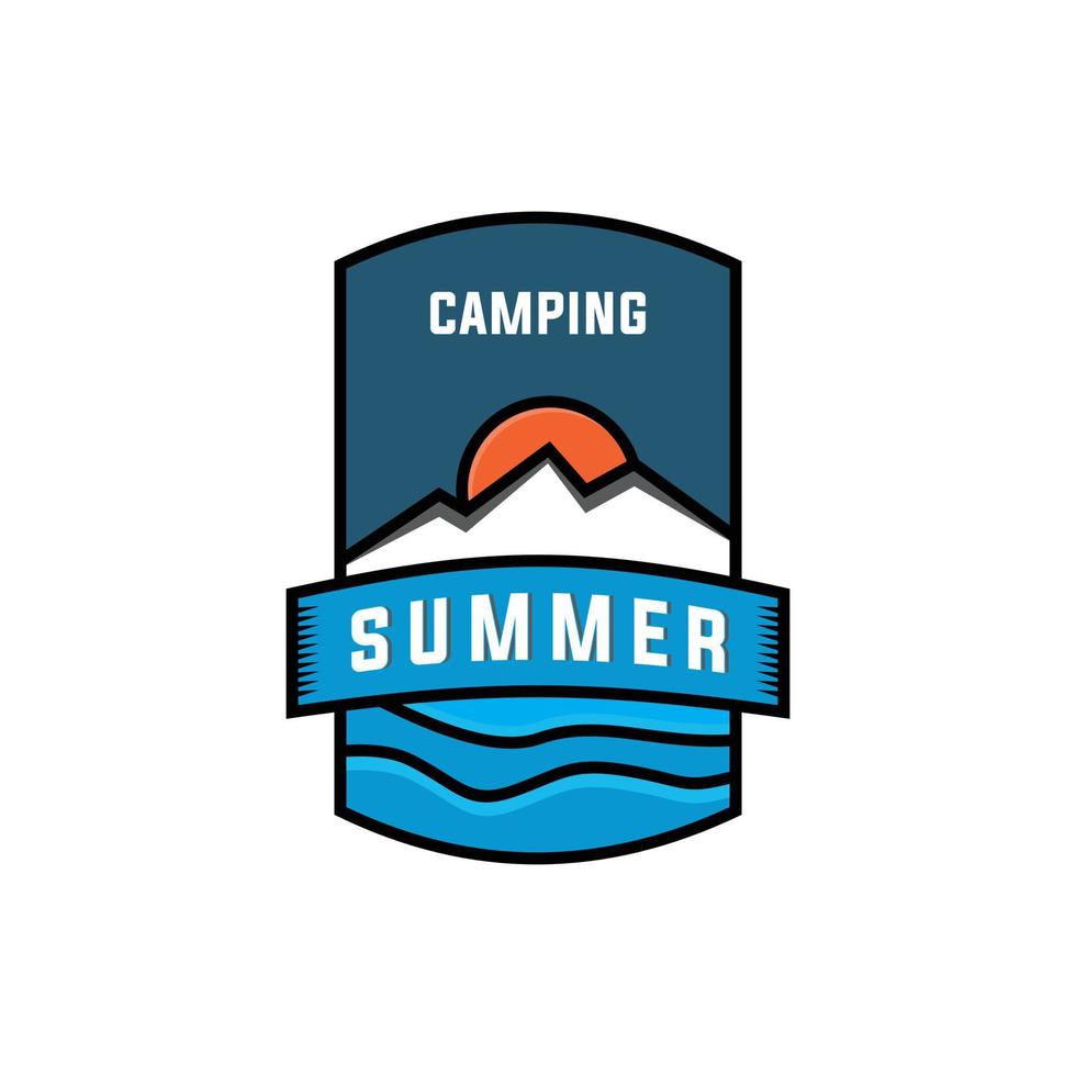 inspiration de conception de logo de paysage d'été, camping-car, coucher de soleil, montagne et plage. avec style badge et emblème vecteur