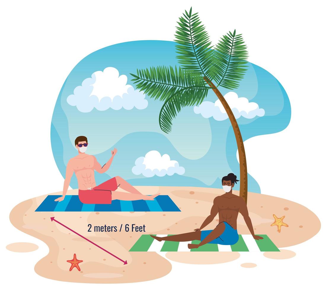 distanciation sociale sur la plage, les hommes gardent une distance de deux mètres ou six pieds, nouveau concept de plage d'été normal après le coronavirus ou le covid 19 vecteur