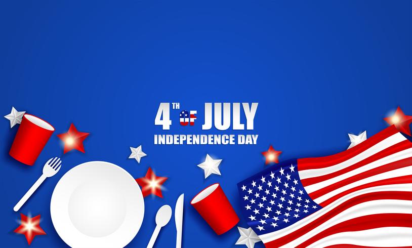 4 juillet, joyeux jour de l&#39;indépendance, USA. Concevoir avec cuillère, plat, fourchette, couteau, vaisselle en verre de papier et étoile du drapeau américain sur fond bleu. vecteur