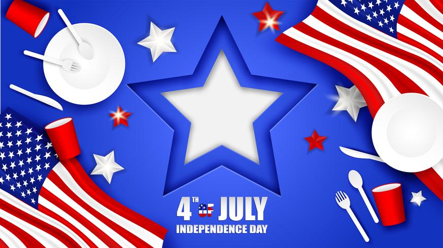 4 juillet, joyeux jour de l&#39;indépendance, USA. Concevoir avec cuillère, plat, fourchette, couteau, vaisselle en verre de papier et étoile du drapeau américain sur fond bleu. vecteur