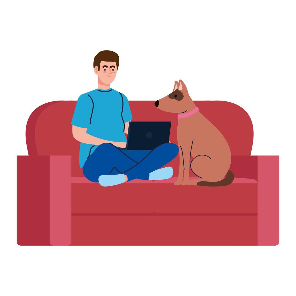 jeune homme, utilisation, ordinateur portable, à, animal chien, sur, fond blanc vecteur