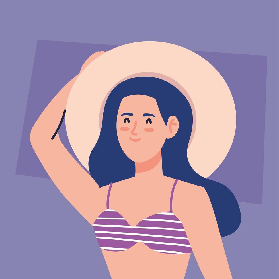femme avec maillot de bain à l'aide d'un chapeau d'été, saison des vacances vecteur