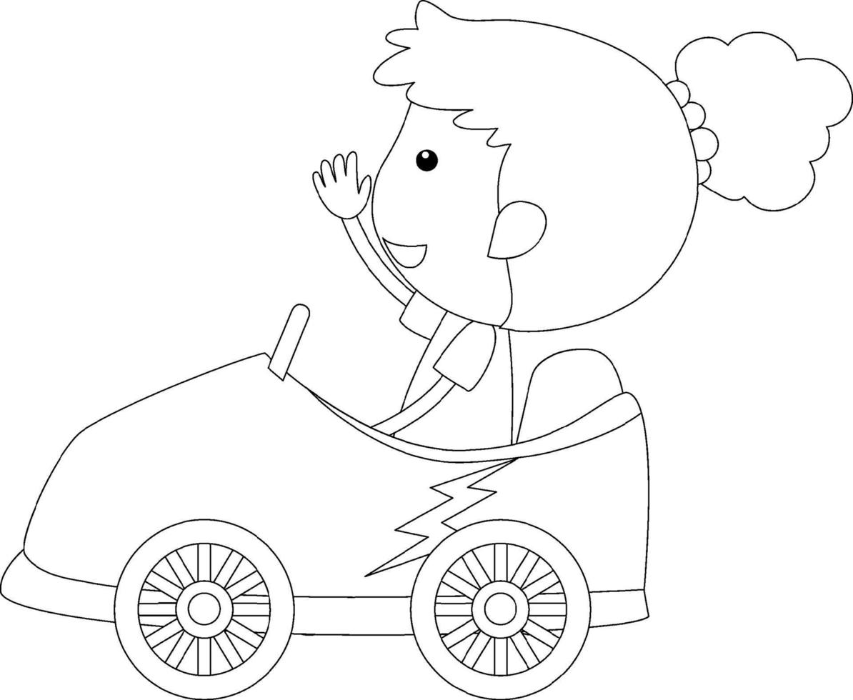 une fille dans un personnage de doodle noir et blanc de voiture de course vecteur